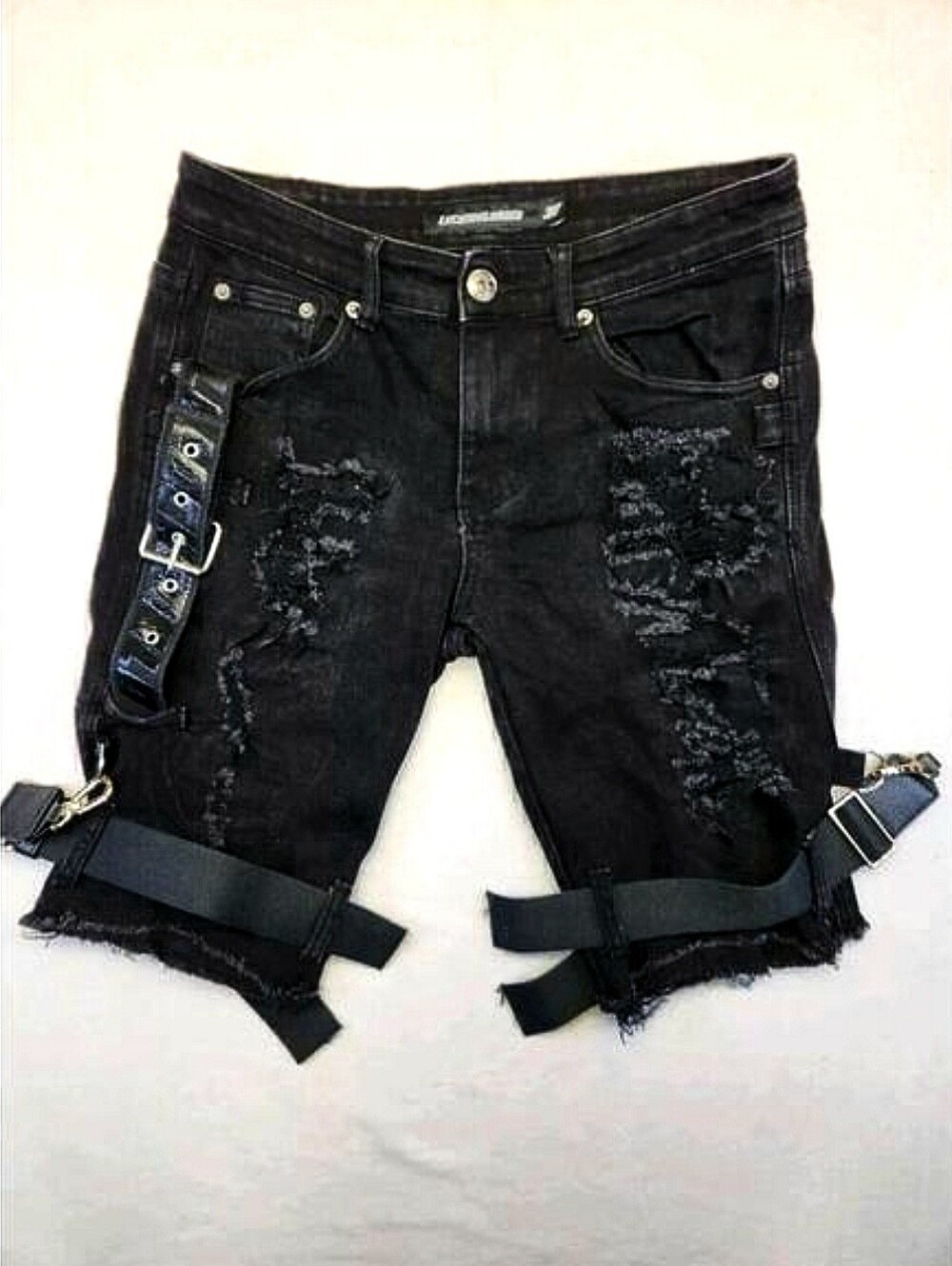 LOCKED&LOADED Mens Shorts 32 Black Denim Distressed Buckle Straps Y2K Grunge